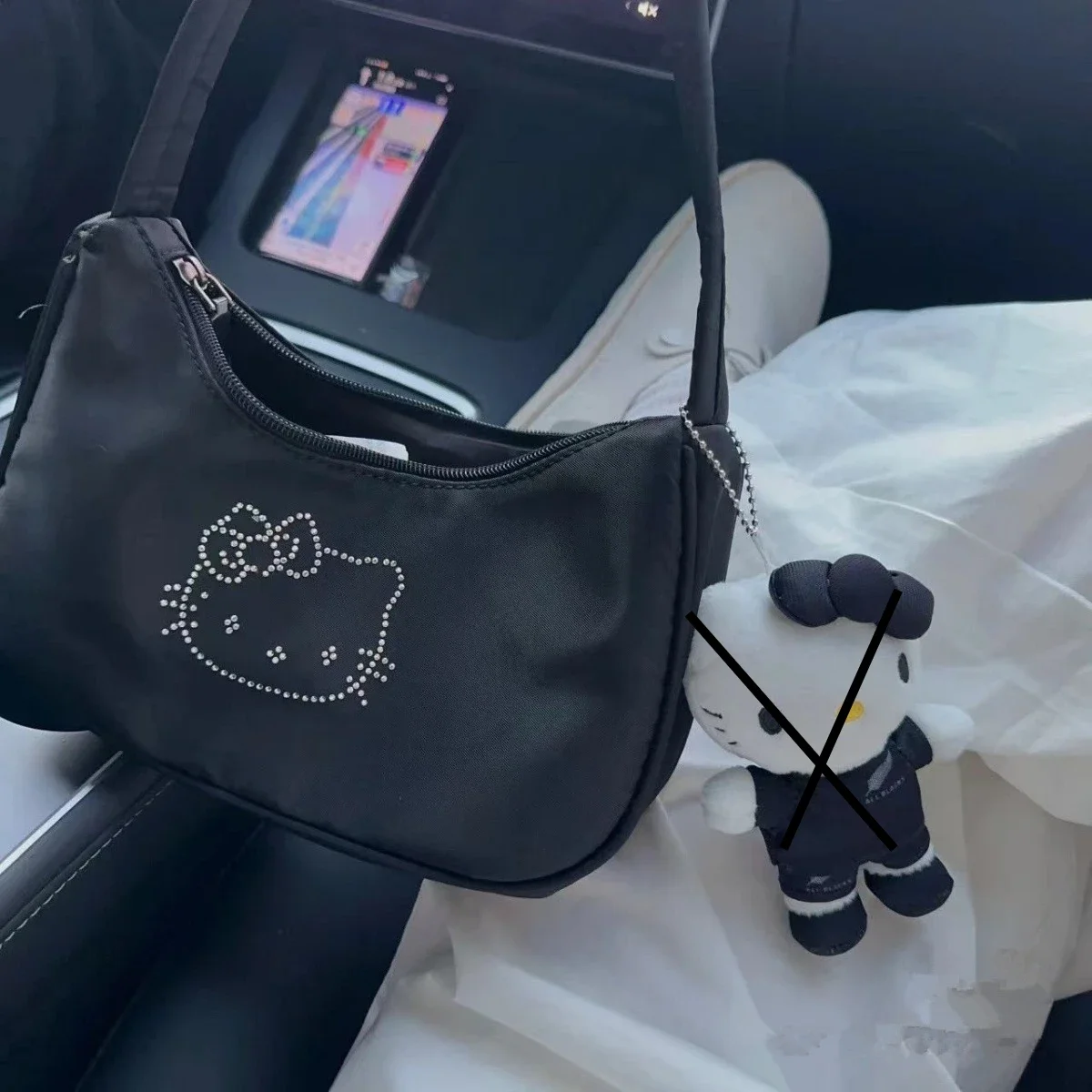 New Hello Kitty Handbag Miniso Women Fashion Rhinestone Canvas Canvas  Handbags Y2k Female Cartoon Korean Versatile Underarm Bag