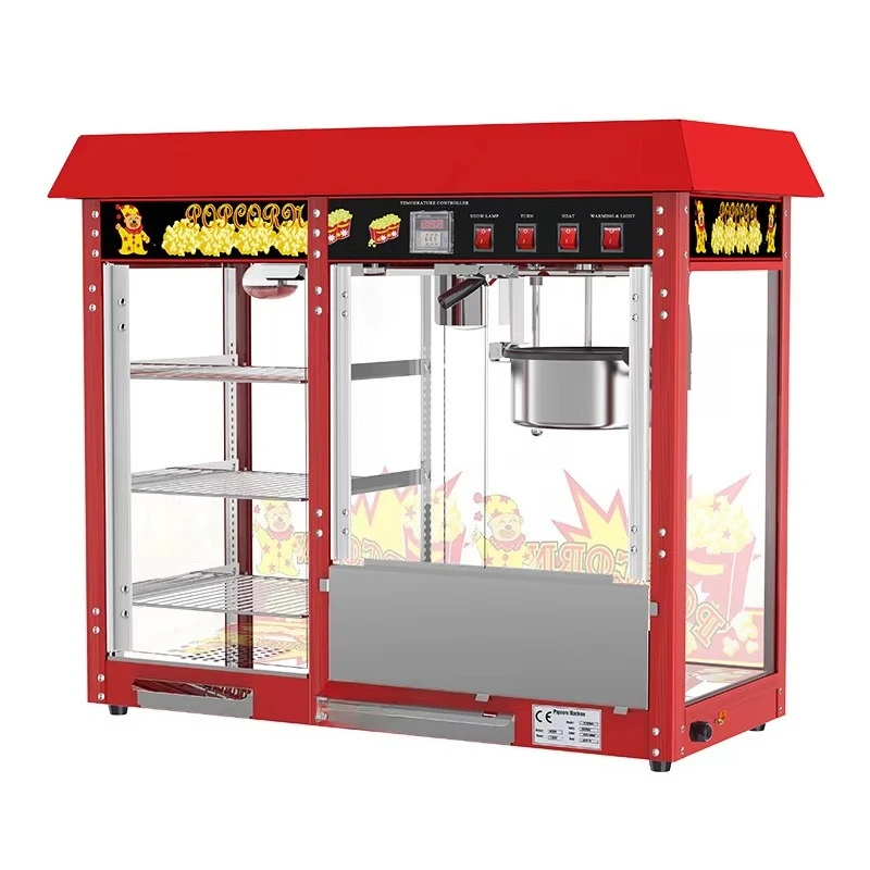 Commercial automatic popcorn machine for sale, snack equipment with storage rack to provide fresh corn snacks
