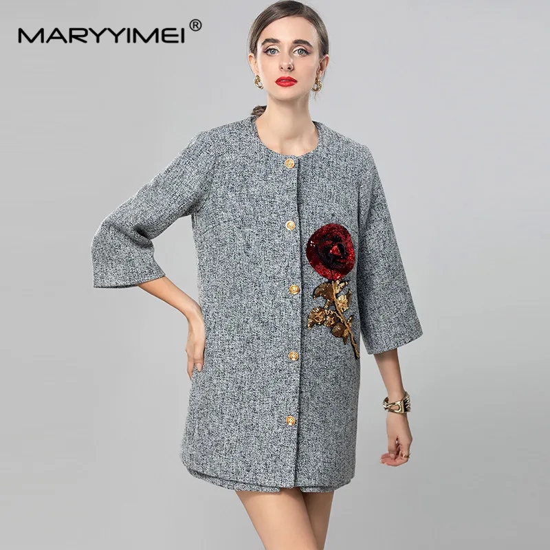 MARYYIMEI Fashion design Women's Suit round neck Sleeveless Single-Breasted Vest+Long-Sleeved Coat Beading Sequins 2 piece set