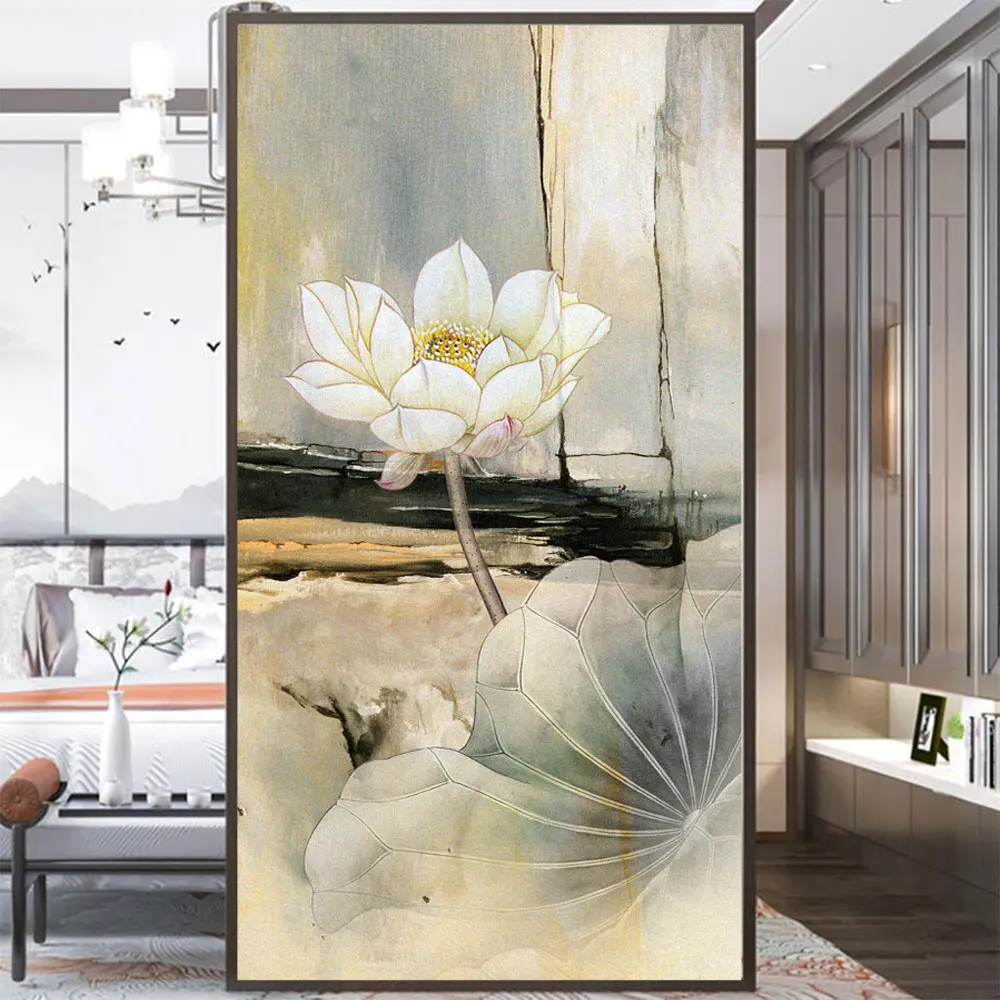 

Privacy Window Film Static Cling Heat Control Anti UV Blocking Window Stickers Lotus Painting Frosted Glass Window Decoration