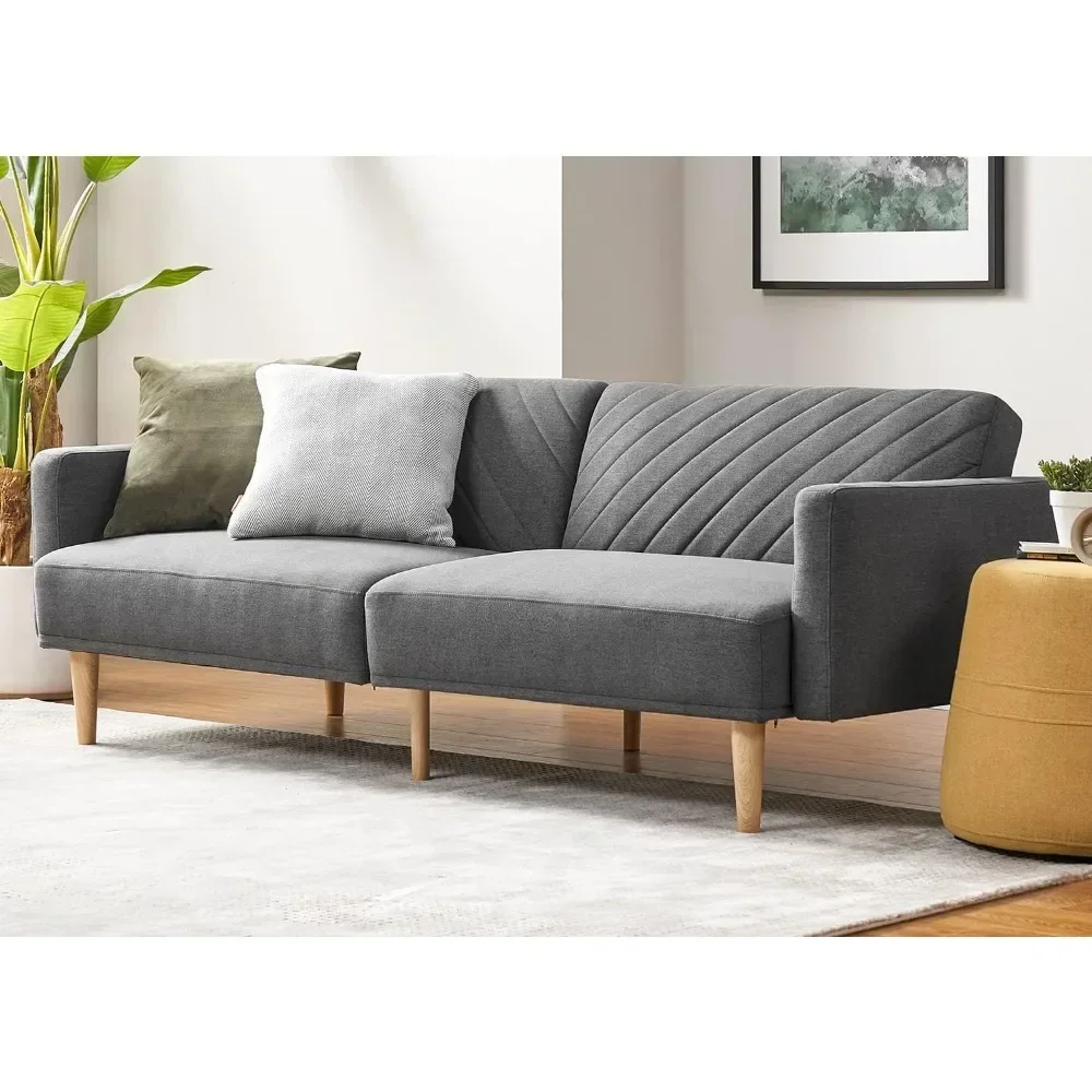 Sofá cama Chloe Futon, cama convertible con patas de madera cónicas, 77,5 pulgadas de ancho, respaldo pequeño dividido para sala de estar, tela gris oscuro, doble