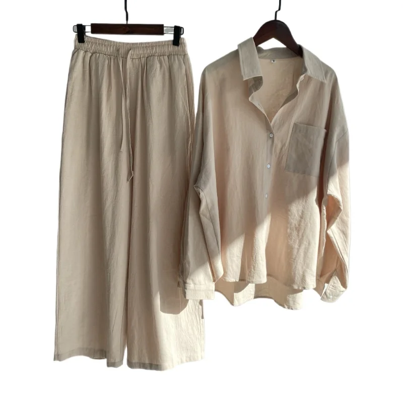 

Women's Set Retro Large Size, Cotton and Linen Shirt Set High Waist Loose Trousers Set Comfortable, Beautiful and Gentle
