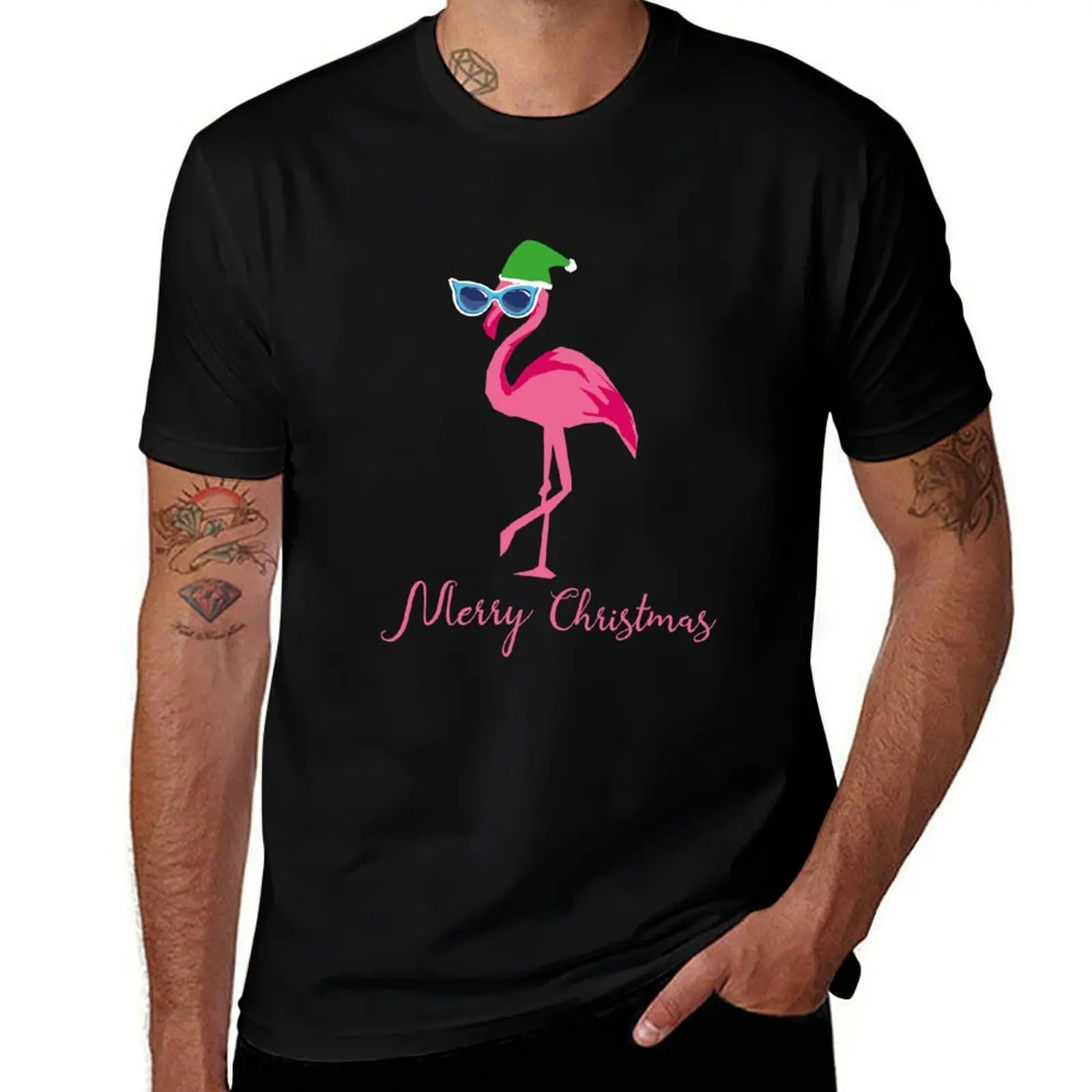 

Pink Flamingo In Sunglasses & Santa Hat Funny Christmas Flamingo Bird Costume Xmas Gift T-Shirt man t shirt summer T-Shirt