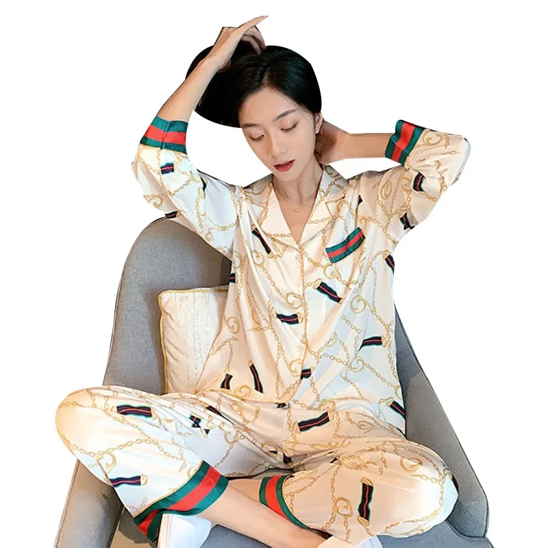Women Plus Size Pajamas Silk Long Sleeve School Loungewear Two-Piece Fashion Webbing Chain Pattern Trouser Set Sexy Sleepwear image 5
