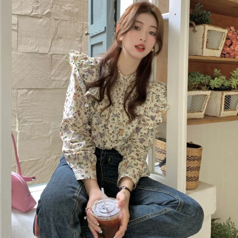 Camisa Floral de manga larga otoño nuevo francés dulce mujer Top suelto