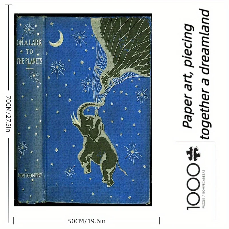 paper puzzle, DIY jigsaw puzzle, elephant flying to the planet, starry sky, universe. High-quality white cardboard material,