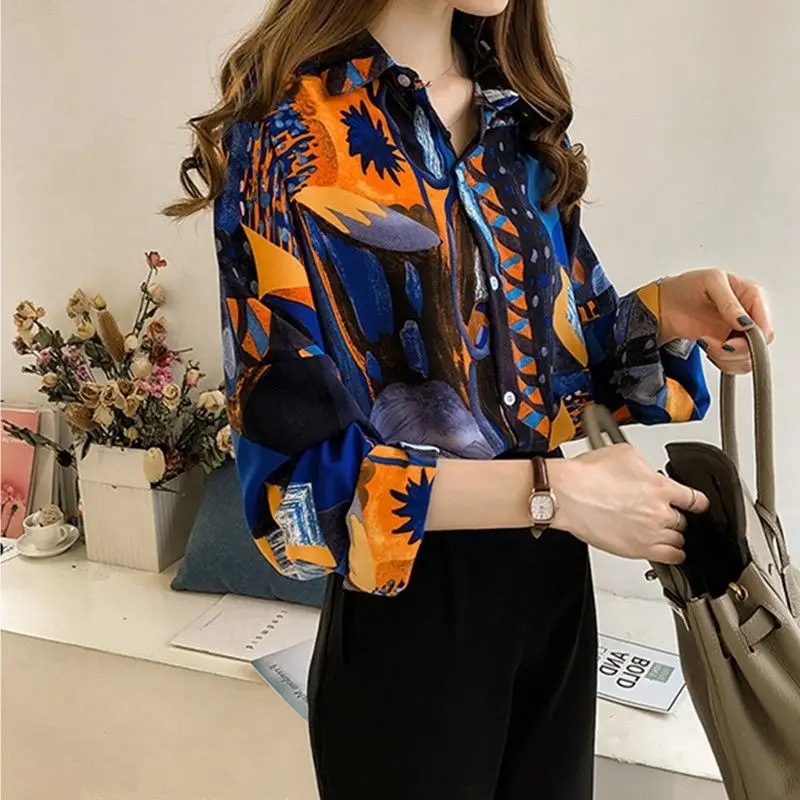 Beach Style 2024 Contrasting Colors Printed Loose Blouse Spring Summer Fashion Spliced Single-breasted Korean Polo-Neck Shirt