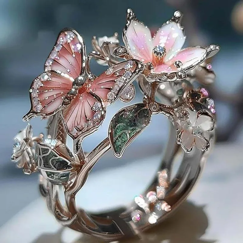 Ästhetische Blume Schmetterling Ringe für Weibliche Romantische Strass Stilvolle Lichtecht Öffnung Ring Frauen Hochzeit Schmuck Party Geschenk