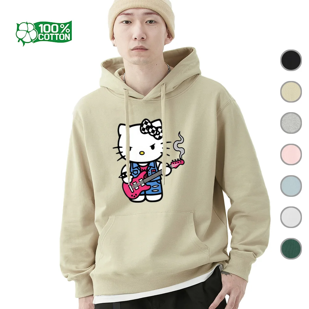 

Толстовка и свитер унисекс с рисунком Hello Kitty Rock Music, мягкий пуловер из смеси хлопка, повседневная футболка в стиле верхней одежды