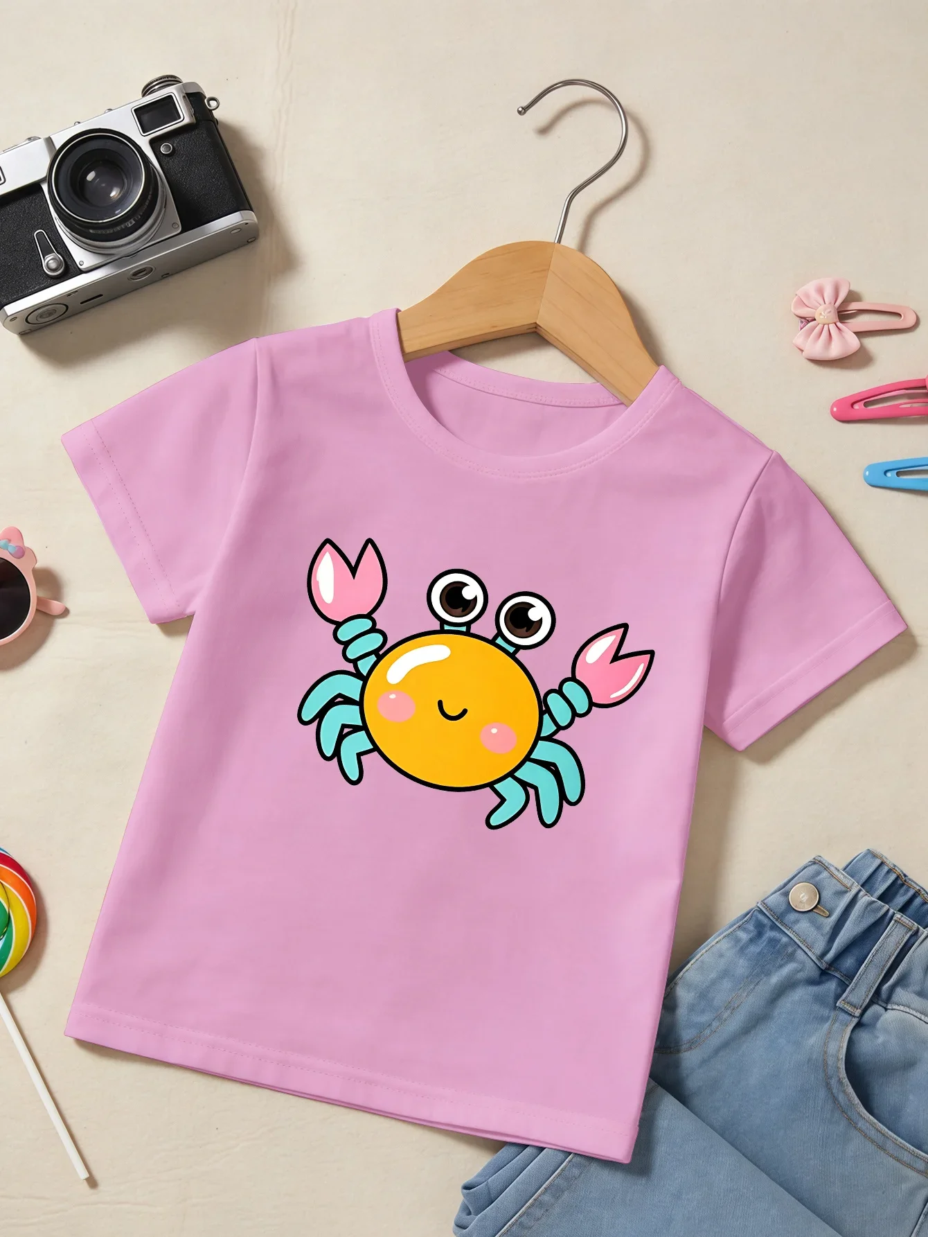 Cute Cartoon Smiley Crab Print Family Matching T Shirt Boys Girls Tee Parent Child Casual Top Mom Dad Kids Summer Daily Wear