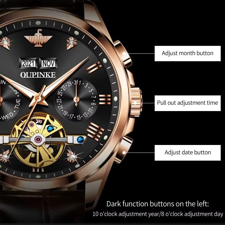 OUPINKE 3186 Men Watch High Quality Tourbillon Waterproof Fully Automatic Mechanical Watch Luxury Dual Calendar Brand Men Watch