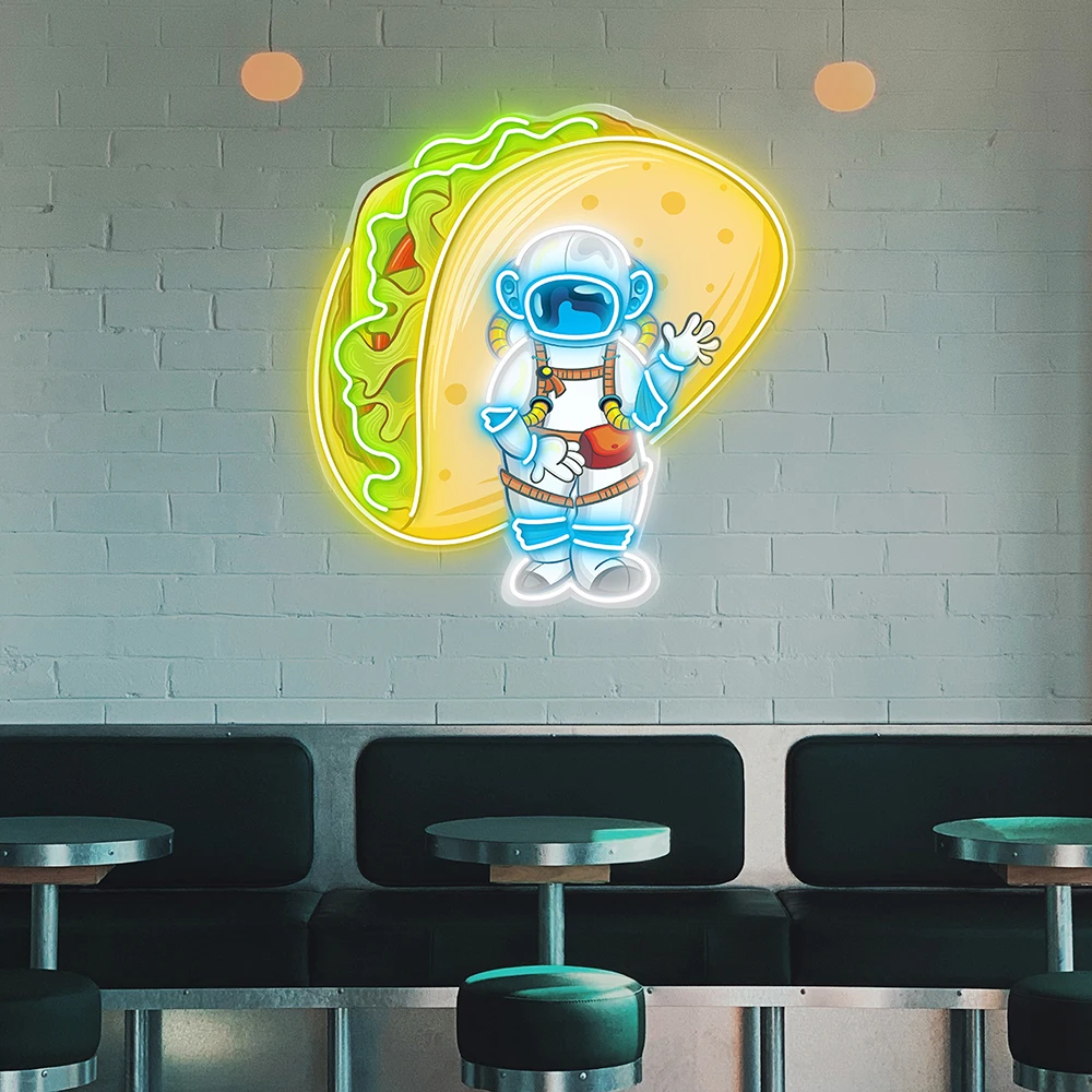 

Astronaut Carrying Tacos and Waving Hand Led Neon Acrylic Sign Custom Restaurant Decor Neon Light Tacos Food Shop Decor Sign