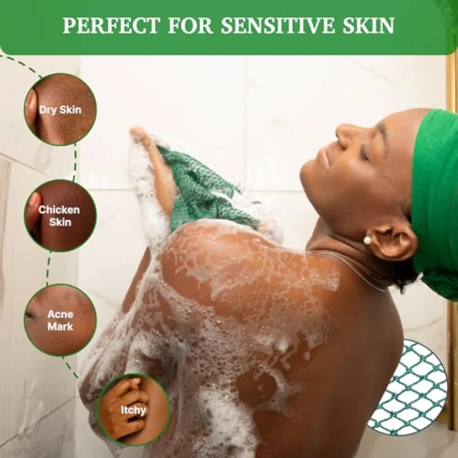 African Net Sponge Authentic with Knots 2 Pack Black Owned Exfoliating Body Scrubber Bath Sponge for Shower Washcloth Loofah Ge view 5