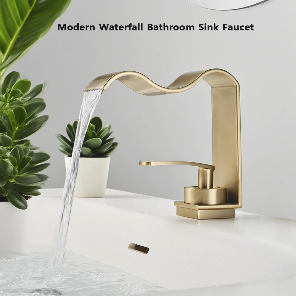 

Luxury Brushed Gold Bathroom Sink Faucet Deck Mounted Hot Cold Brass Mixer Waterfall Basin Faucets Lavatory Washbasin Water Tap