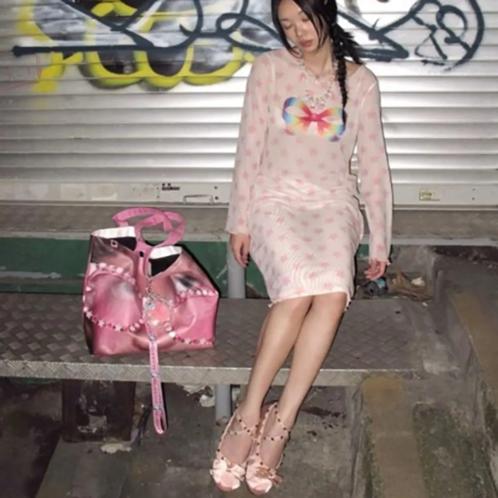 ラインストーンメガネデュポン紙ショッピングバッグクリエイティブ大容量ストリートプリントトートバッグピンクハンドバッグ Y2K ショルダーバッグ