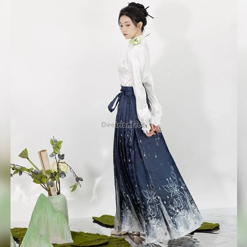 2024 chinese ancient folk dance temperament hanfu set fairy lotus printing horse face skirt improved daily ming dynasty hanfu