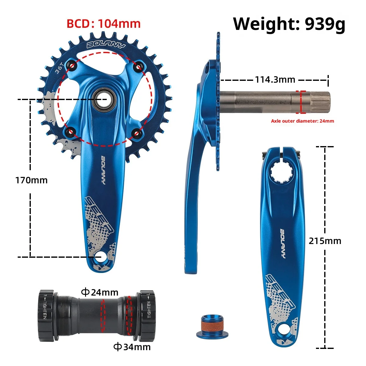 Bolany Alloy 152mm Road Bike Hollow Integrated 8-12 Speed Tooth Plate Positive And Negative Teeth 36T Crank