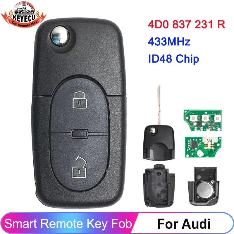 KEYECU 2 Buttons 4D0 837 231 R 433MHz ID48 Chip For Audi A3 A4 A6 A8 TT Fob Flip Remote Car Key 4D0837231R