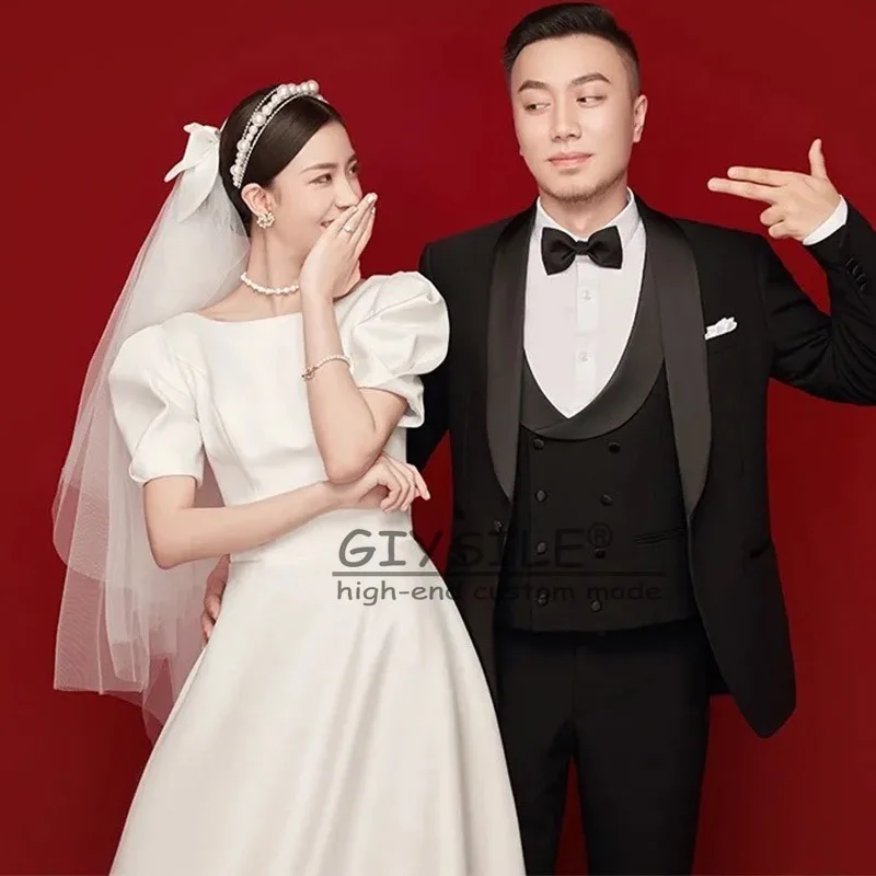 GIYSILE Customized White Round Neck Short Sleeve Light Wedding Dress Simple Temperament Satin Hepburn Style evening dresses