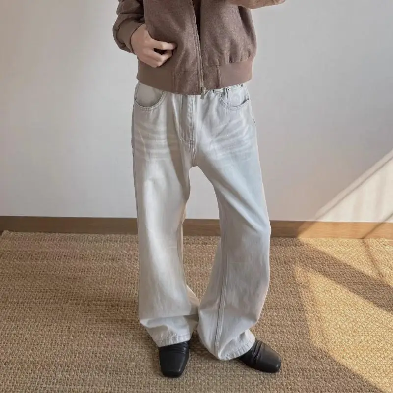 Men's Retro Dirty Dyed Cat Whisker Jeans Casual Pant Vintage Boy Straight Unisex Sweatpants Male High Waist Wide Leg Trousers