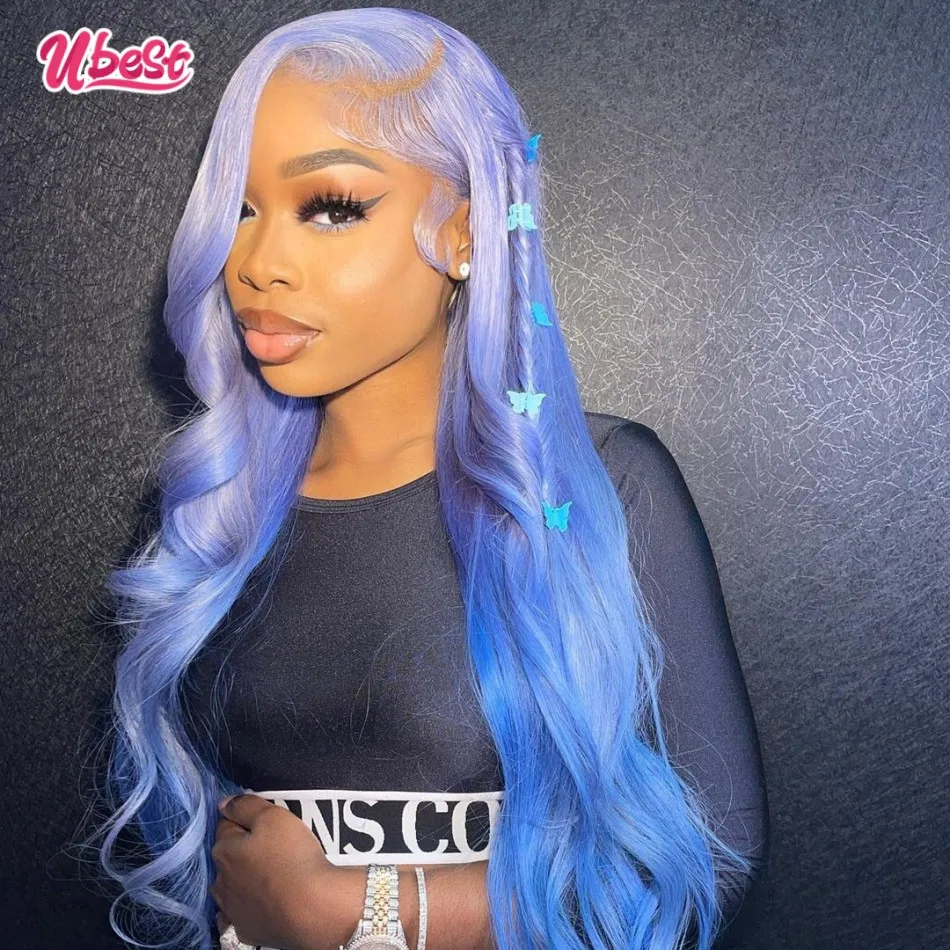 12A 613 Wig Ombre Biru Berwarna Tubuh Gelombang 13X4 Renda Depan Wig Rambut Manusia untuk Wanita Perawan Brasil Preplcup 180% Kepadatan