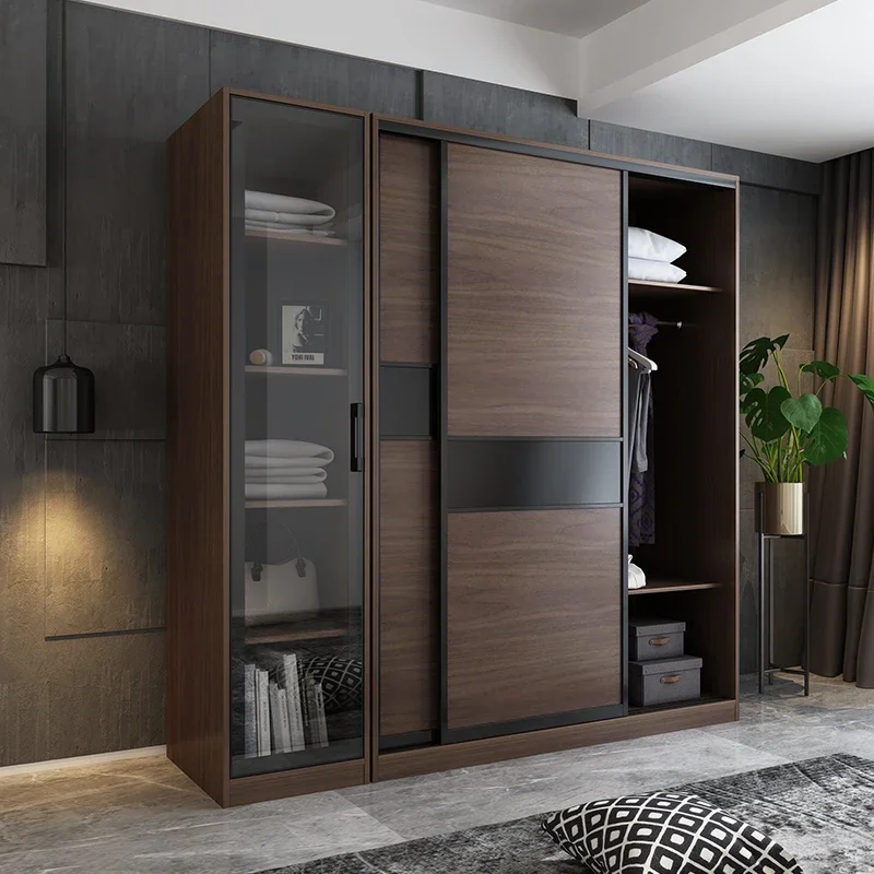 

Nordic simple bedroom partition storage wardrobe walnut color sliding door wardrobe