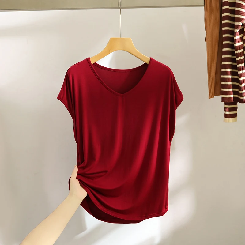 Modal Sleeveless V-Neck T-Shirt Casual Thin Outerwear Base Layer Shirt Women's Loose Fit Summer Top July Deer Commute Style