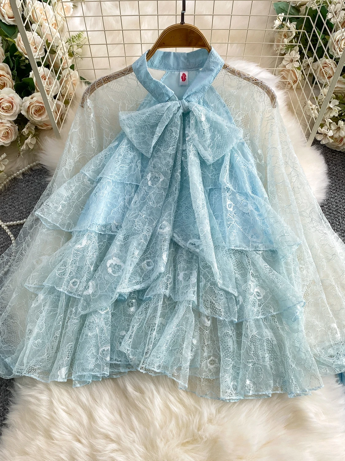 

Elegant Lace Shirt Women's Summer Thin V-neck Knot Fairy Atmosphere Long Sleeve Loose Fit Korean Style Breathable Top