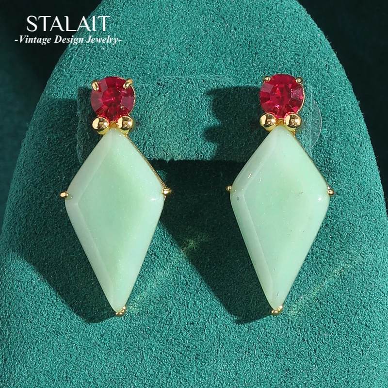 

Vintage Rhombus Green Earrings Jade Natural Stone Woman Luxury Quality Jewelry Antique Gold Color Crystal Designer Valentine Day