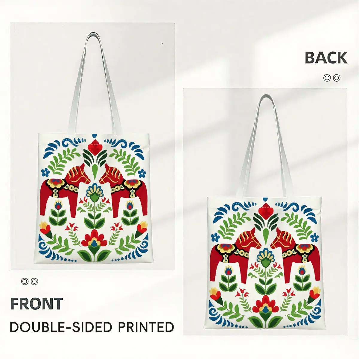 A Swedish Dala pattern print canvas tote bag, suitable for daily use, shopping, school, and travel
