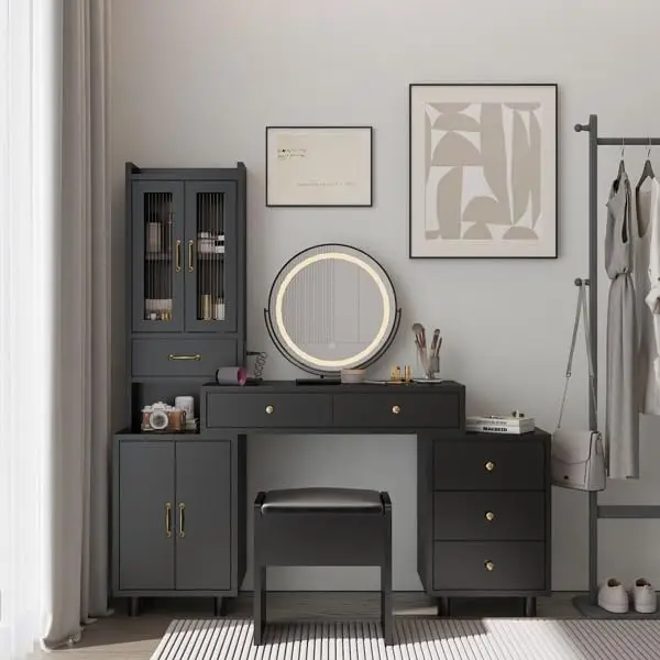 

55" Makeup Vanity Desk with 3-Color Adjustable Lights and Large Mirror, 6-Drawer Makeup Desk for Storage, Black