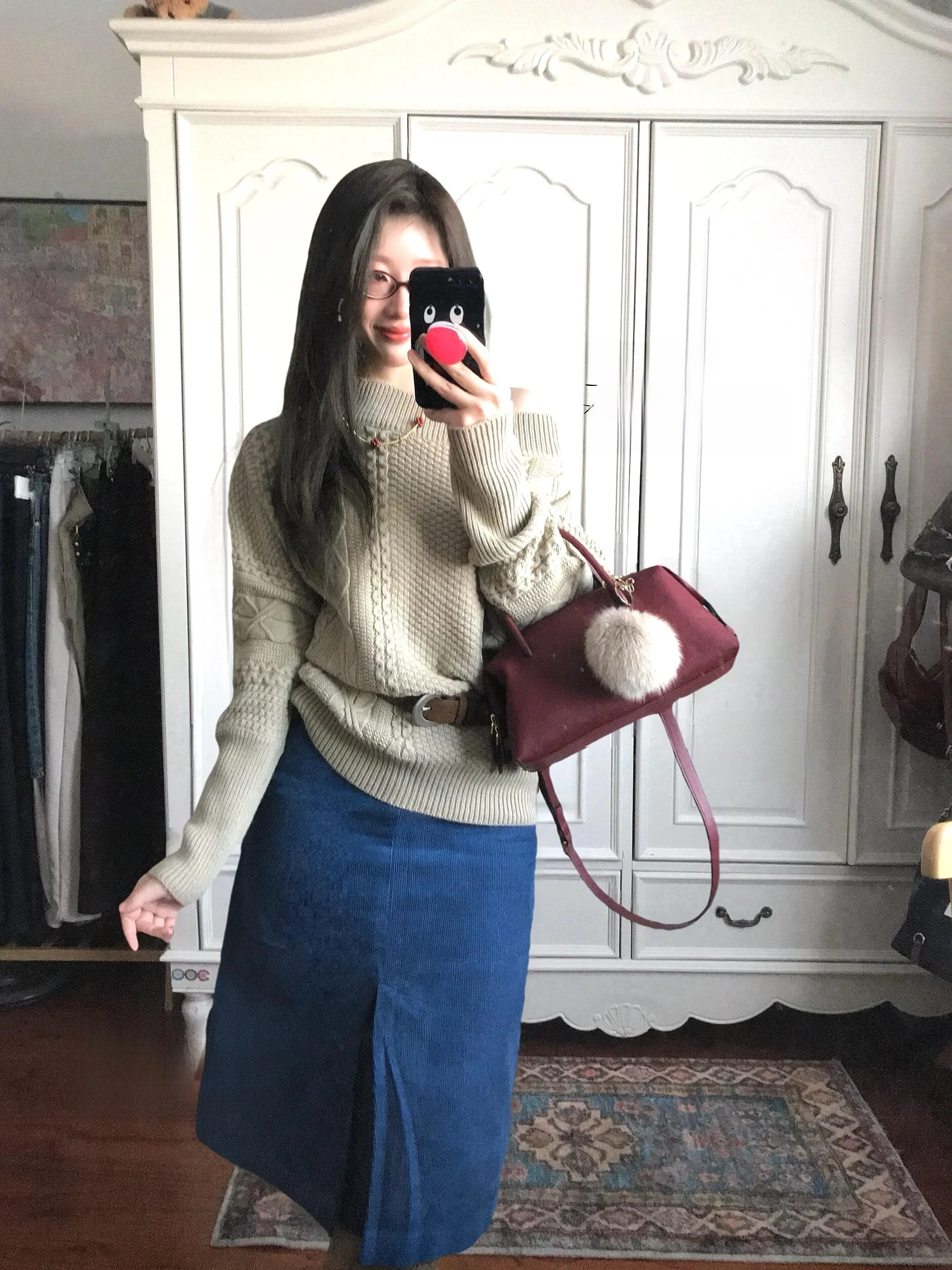 Retro Baby Blue Low Waist Straight Cut Velvet Half Skirt Women's Autumn Winter New Style City Commute Casual Straight Skirt