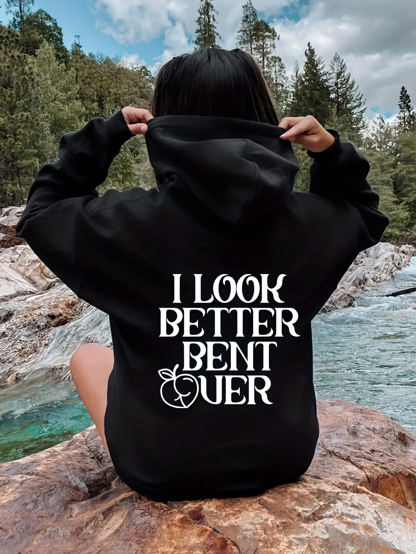 

Women's Casual Letter & Peach Print Hoodie - Cozy Fall/Winter Sweatshirt with Kangaroo Pocket Machine Washable