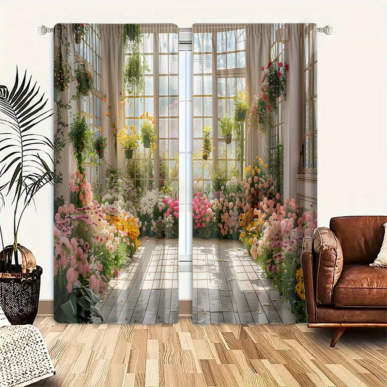 Floral Garden Mural Print Curtains Sheer Window Decor Bohemian Spring Cottagecore Style Panels for Bedroom Living Room Divider