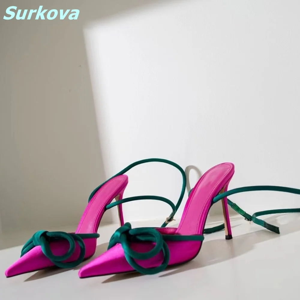 

Mixed Colors Silk Pumps Butterfly Knot Pointy Toe Ankle Buckle Strap Thin High Heel Newest Women Shoes Comfortable Office Lady