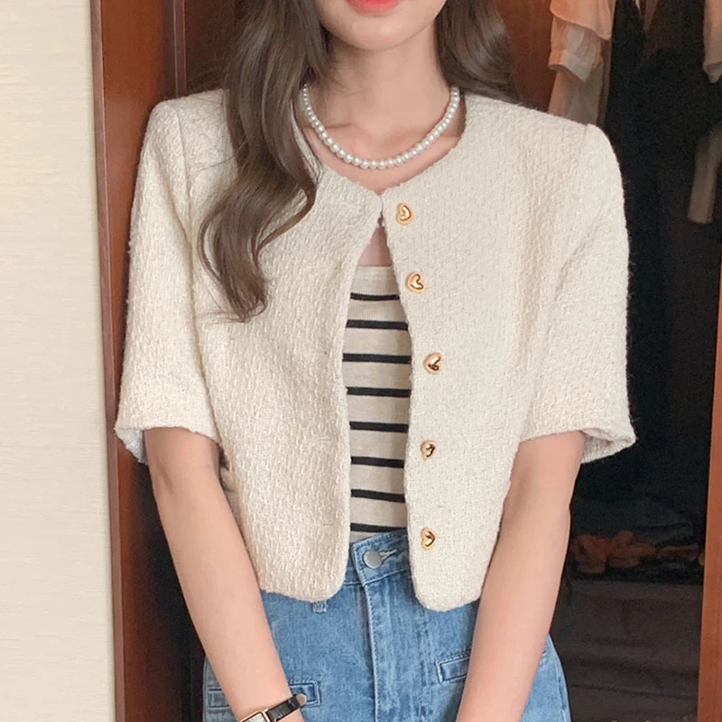 Korean Chic Summer Round Neck Metal Love Heart Single Breasted Tweed Short Sleeved Jacket 2024 Crop Top Chaquetas Mujer Coat