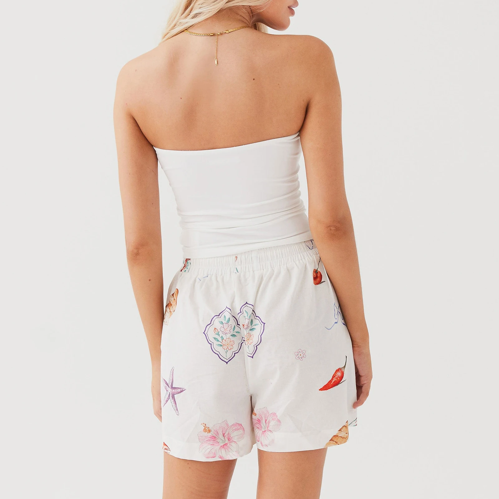 Gaono 00s Retro Women's 2 Piece Casual Outfits Y2K Vinatge Shrimp Print Tube Tops Wide Leg Shorts Sets Streetwear for Daily image 3