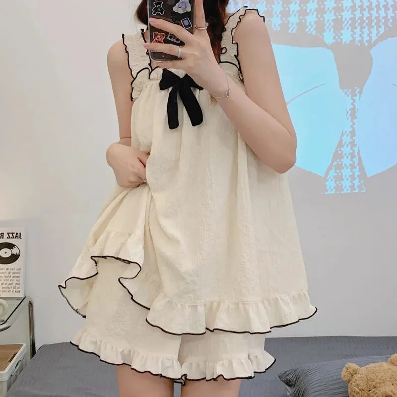 2025 Korean Style Pajama Set Women Sleeveless 2PC Loungewear Instagram Aesthetic Anti-See Through Cute Home & Cafe Wear