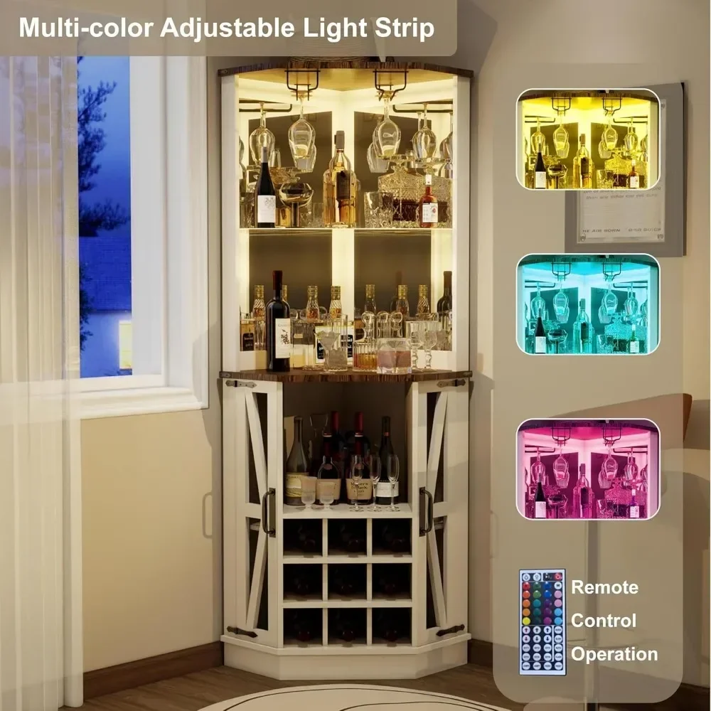 Wine Bar Cabinet with Led Lights and Mirror, Tall Liquor Cabinets Coffee Bar Cabinets, Display Cabinet Corner Wine Rack