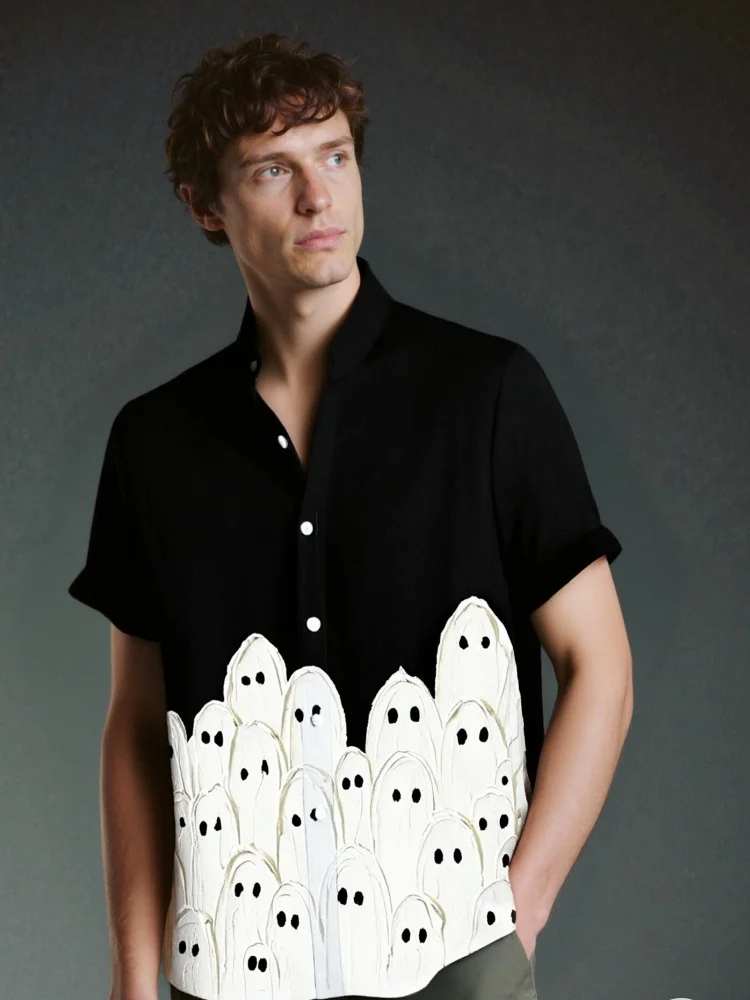 

Винтажные спортивные повседневные свободные рубашки, лето 2026, мужские блузки с коротким рукавом и воротником-стойкой, праздничные однобортные абстрактные топы с призраками