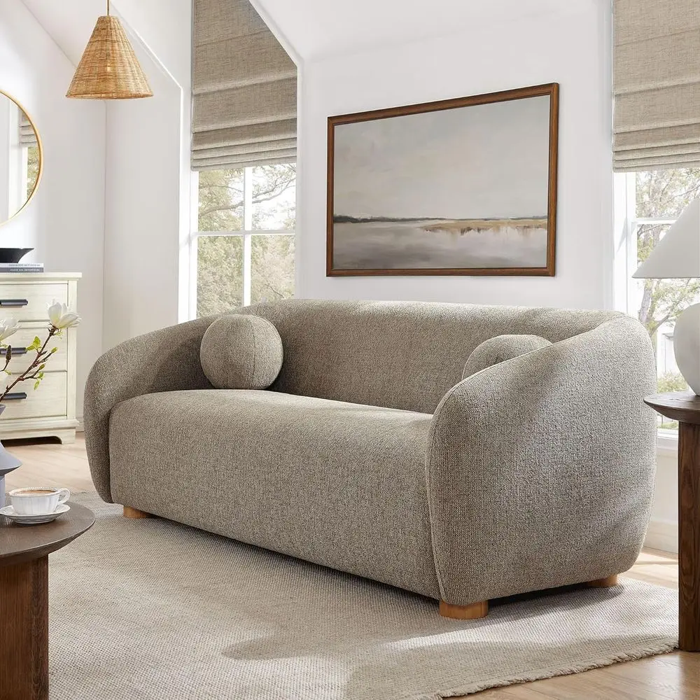 

85 Curved Back Taupe Chenille Sofa with Ball Pillows and Wooden Legs for 3-Seat Living Room
