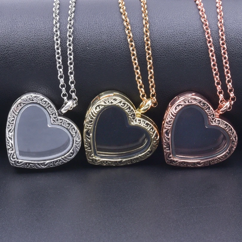 

10Pcs/Lot Vintage Carved Glass Memory Photo Locket Pendant Necklaces Mix Colors Heart Living Picture Medaillon Collares Jewelry