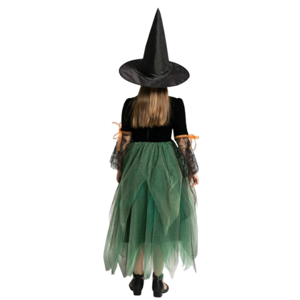 Costume cosplay da strega per bambina, vestito da tutu, cappello, abiti, gonna da principessa in rete verde, performance sul palco, gonne da ballo, festa di Halloween