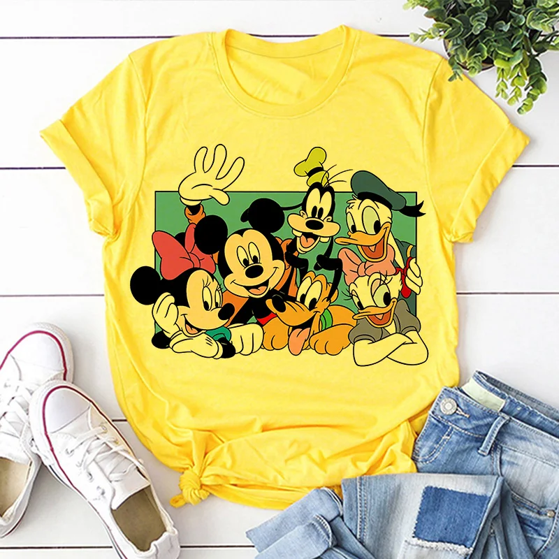 Disney lindo Mickey Mouse Pato Donald princesa señoras pantalón corto Casual manga niñas camiseta estampado de dibujos animados camiseta cuello