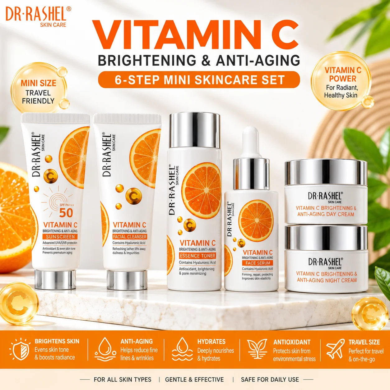 6-teiliges DR RASHEL Vitamin C Creme Serum Sonnenschutz Aufhellendes Anti-Aging Hautpflege Mini-Set für Frauen – Detail 2