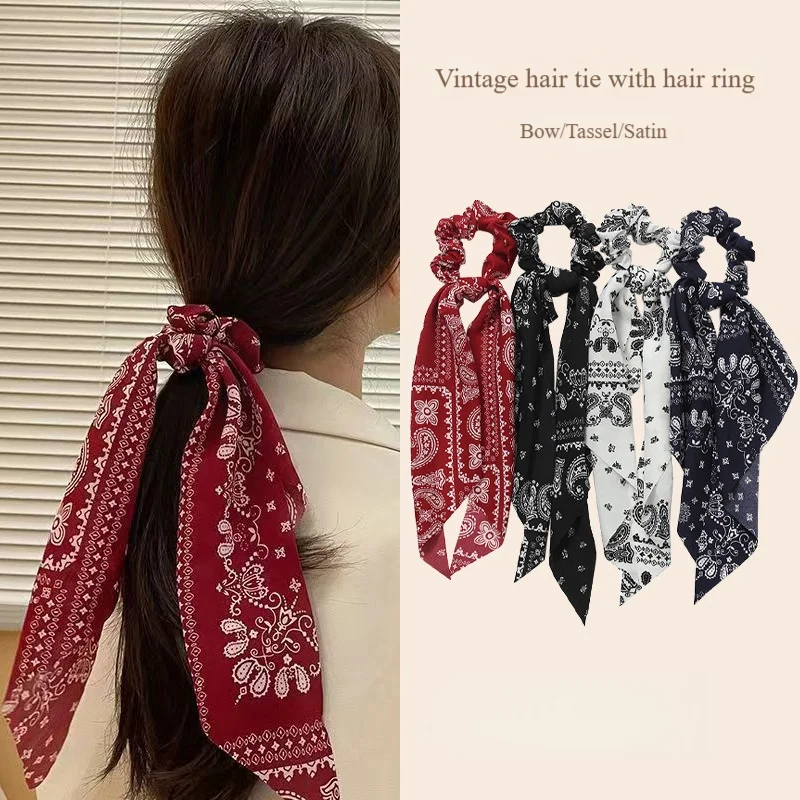 

4-х шт., атласные резинки для волос с завязками и кисточками, резинки для волос с высоким хвостом в стиле ретро и резинки для волос