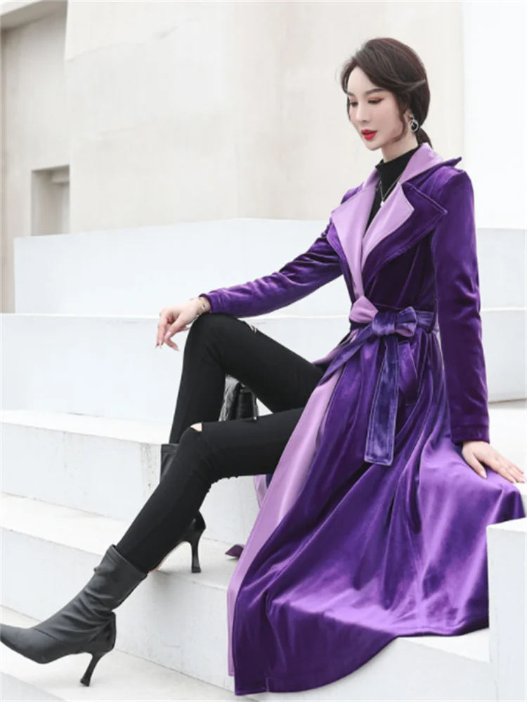 Long velvet trench coat women 2023 Spring and Autumn new slim over-the-knee  fashion velvet coat abrigo mujer