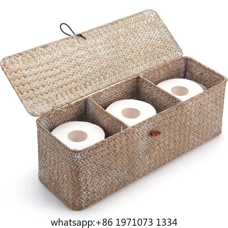 Seagrass Tank Basket with Lid Woven Toilet Roll Storage Basket with Sections Rectangular for Organize Snack Toys