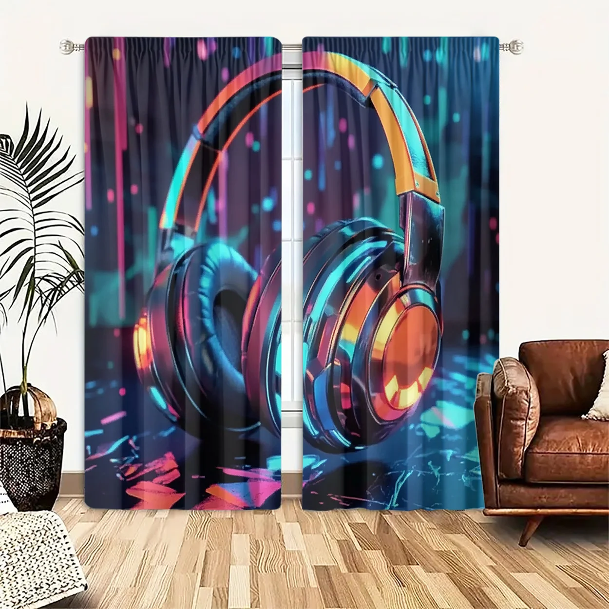 Headphones Curtain, Music Tech Blackout Curtains, Cyberpunk Neon Audio Room Decor, Modern Gamer Bedroom Drapes, 2 Panels