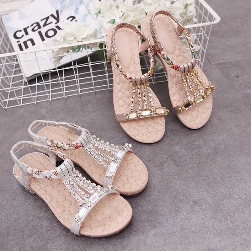 New 2026 Women Summer Sandals Comfort Flat Soft Sole Non-Skid Pregnancy Friendly Crystal Bohemia Street Style